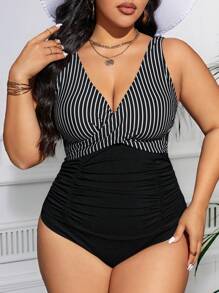 Shapewave Plus Size Women's Striped Criss-Cross Front One-Piece Swimsuit, Tummy Control Beach Outfit Bathing Suit Summer,Summer Beach