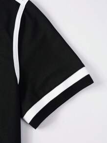 Manfinity Mode 男士撞色领拼色简约休闲短袖度假 Polo 衫，适合丈夫和爸爸 - 黑色 - 查看 5