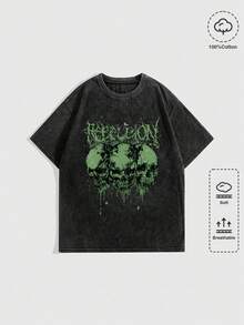 ROMWE Grunge Punk 派克風格頭骨和字母印花寬鬆女T卹，配有毀損設計 - 黑色 - 查看 1