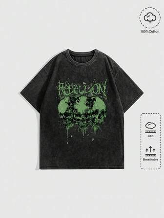 Grunge Punk Maglietta da donna Punk Style a stampa teschio e lettere, vestibilità ampia con design consumato