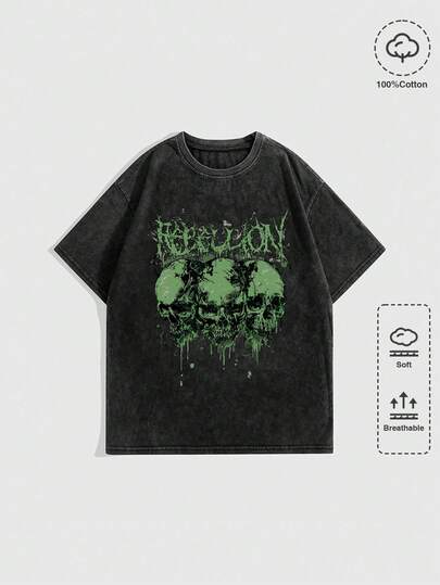 Grunge Punk Maglietta da donna Punk Style a stampa teschio e lettere, vestibilità ampia con design consumato