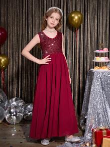 Elegante y lujoso vestido largo sin mangas de color borgoña para niñas, adecuado para Navidad, Halloween, fiestas formales, cumpleaños, actuaciones y otros festivales - Burdeos - Ver 7