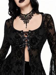 ROMWE Robe évasée avec manches évasées à motif de vigne gothique vintage pour femmes, vêtements d'Halloween - Noir - Voir 3