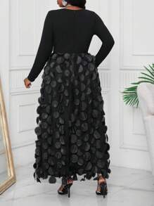 SHEIN Lady Birthday Party  Dresses Wedding Guest Dress Plus Size Ladies Commuting Elegant V-Neck Black Mesh Embroidered Three-Dimensional Polka Dot Long Sleeve Black Dress - Black - View 2
