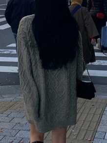 DAZY 女士纯色圆领长袖针织毛衣连衣裙，秋冬 - 灰色 - 查看 2