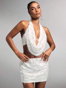 SHEIN BAE Gonna a culotte mini con top halter senza schienale in bianco, con nappa in pelliccia, paillettes argentate scintillanti, adatto per feste, serate, compleanni, concerti e altre occasioni - Bianco - Visualizzare 5