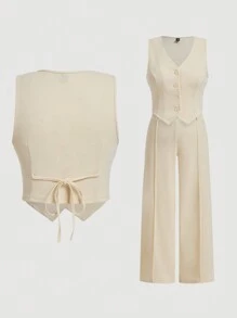 SHEIN MOD Bộ 2 món áo vest đen cổ chữ V sâu màu trơn có nút cài phía trước và quần may phía trước cho đêm hẹn hò cỡ lớn - Màu be - Xem 1