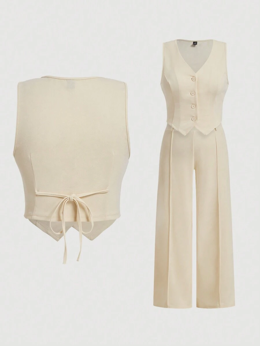 SHEIN MOD Bộ 2 món áo vest đen cổ chữ V sâu màu trơn có nút cài phía trước và quần may phía trước cho đêm hẹn hò cỡ lớn - Màu be - Xem 1