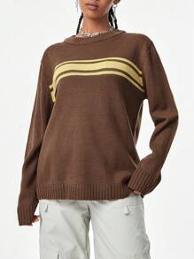 SHEIN EZwear Suéter de cuello redondo de manga larga con estampado a rayas para mujer - Camel - Ver 4