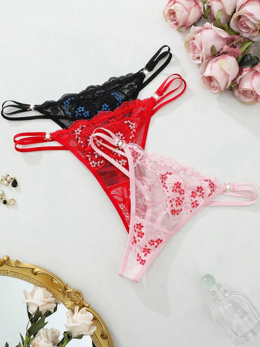 3pcs/Set Fashion Lace Thong Underwear - Multicolor - View 1
