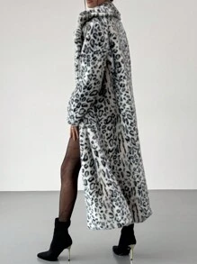 Aloruh Nuevo abrigo maxi esponjoso y cálido de estampado de leopardo sexy con cuello esponjoso, para otoño e invierno