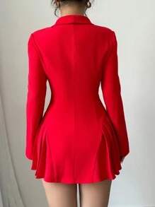 Selianne 情人节红色长袖收腰褶皱心形领 A 字型优雅女式西装外套新年服装 - 紅色 - 查看 2