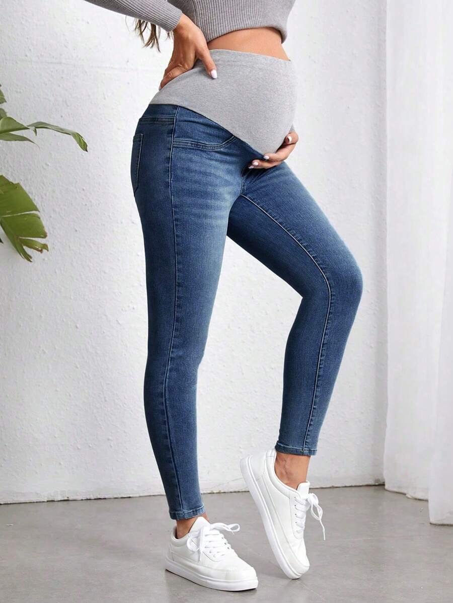 SHEIN Maternity Color Block Slim Fit Denim Pants Jeans - Dark Wash - View 1