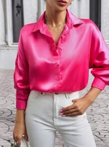 RueChic High Quality Gold Button Detailed Satin Blouse - Pink - View 6