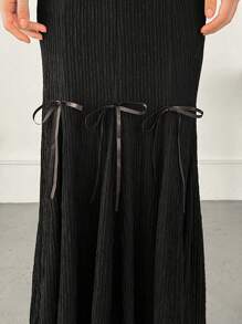 FRIFUL Women Bow Decor Fish Tail Hem Elegant Skirt - Black - View 6