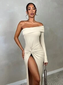 SHEIN BAE Vestido elegante de manga larga para cita, con decoración de torsión en la cintura, cinturilla ceñida y abertura alta lateral, para otoño