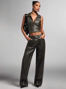 SHEIN BAE Quần dài nữ màu đen bằng da PU mài bạc, kiểu dáng thường ngày, đa năng, phong cách retro, cạp thấp, ống thẳng/quần đi chơi/quần vintage/quần mùa thu. - màu đen - Xem 6