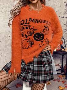 Chiquease 2024 New Halloween Fluffy Knit Cute Fall Orange Ghost Pattern Women Sweater, Knit Pullover Fall Winter - Burnt Orange - View 7