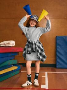 SHEIN Explorewe Tween Girl Casual Versatile Hooded Midi Solid Color Pocket Sweatshirt Dress - Grey - View 6