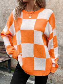 SHEIN LUNE Plus Size Women's Casual Checkered Orange Warm Knit Pullover Sweater, Suitable For Spring, Summer, Autumn And Winter - Orange - View 4