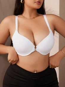 SHEIN Front Fastening, Supportive, Criss-Cross, Comfortable, Minimalist Plus Size Women's Solid Color Bra & Wireless Bra - White - View 4