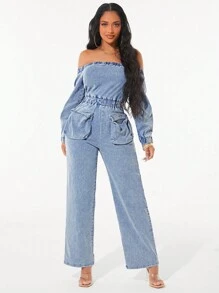 SHEIN SXY Mono vaquero casual con hombros descubiertos para mujer, primavera otoño