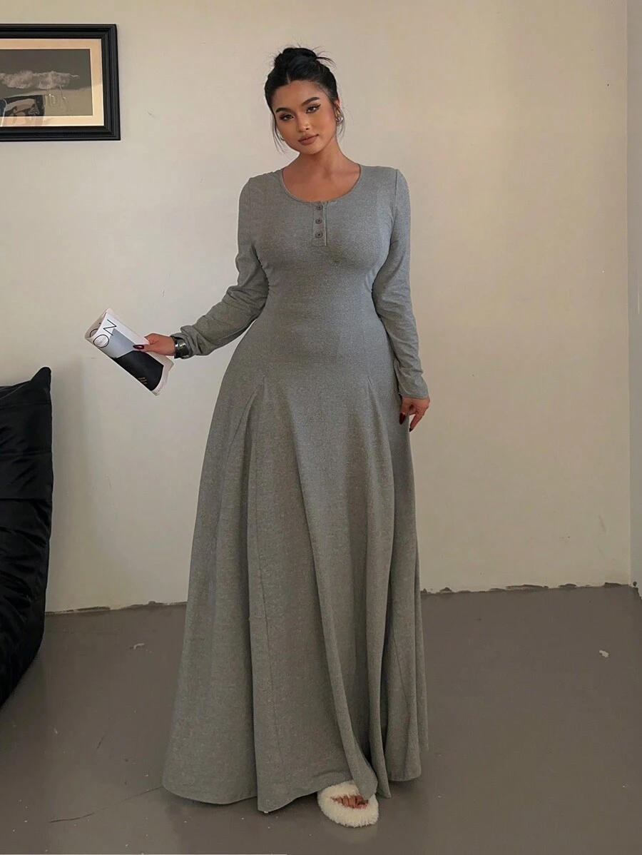 Flirla Plus Size Solid Color Knit Elegant A-Line Flowy Dress Maxi Women Outfit - Grey - View 1