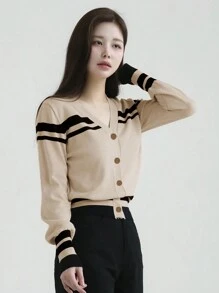 DAZY 女士条纹拼色 V 领开衫 - 米色 - 查看 8