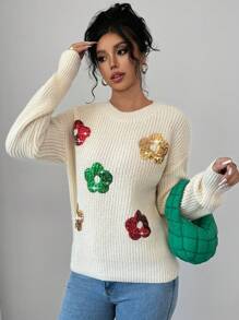 Chiquease Jersey de cuello redondo con patchwork de lentejuelas