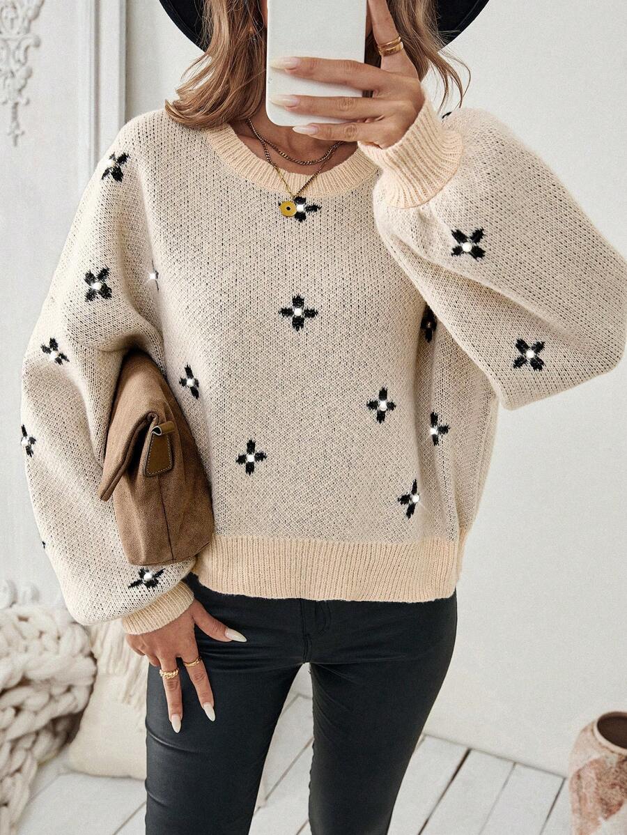 Chiquease 女式花卉图案宽松圆领蝙蝠袖长袖休闲针织毛衣，秋冬