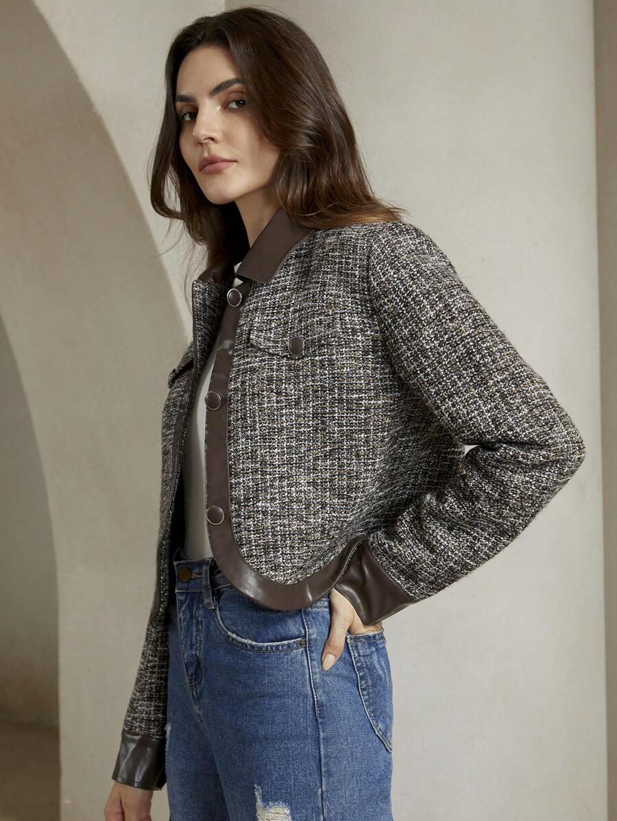 Anewsta Urban Style PU Patchwork Women's Plaid Long Sleeve Jacket - Brown - View 1