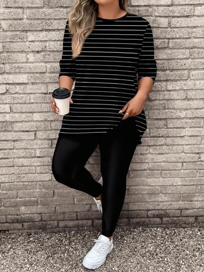 SHEIN LUNE 2 pezzi Set di Maglietta manica lunga larga e leggings con  stampa a righe per donne taglie forti, casual e da pendolare | SHEIN ITALIA