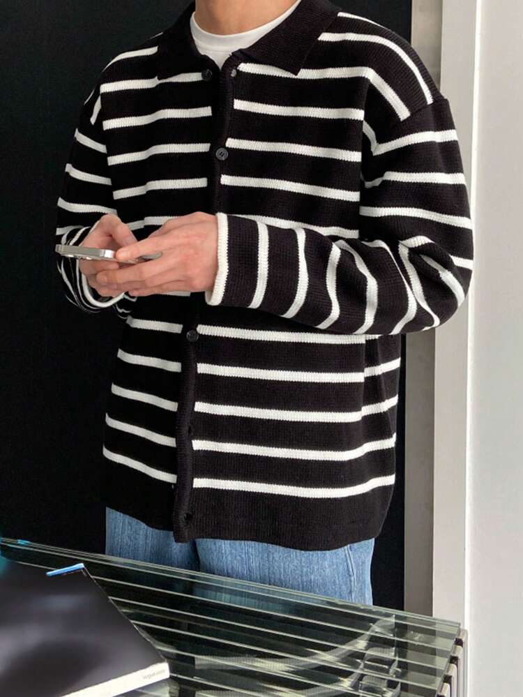 Men's Casual Loose Fit Striped Cardigan, Autumn And Winter Jacket