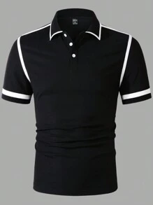 Manfinity Mode 男士撞色领拼色简约休闲短袖度假 Polo 衫，适合丈夫和爸爸 - 黑色 - 查看 6