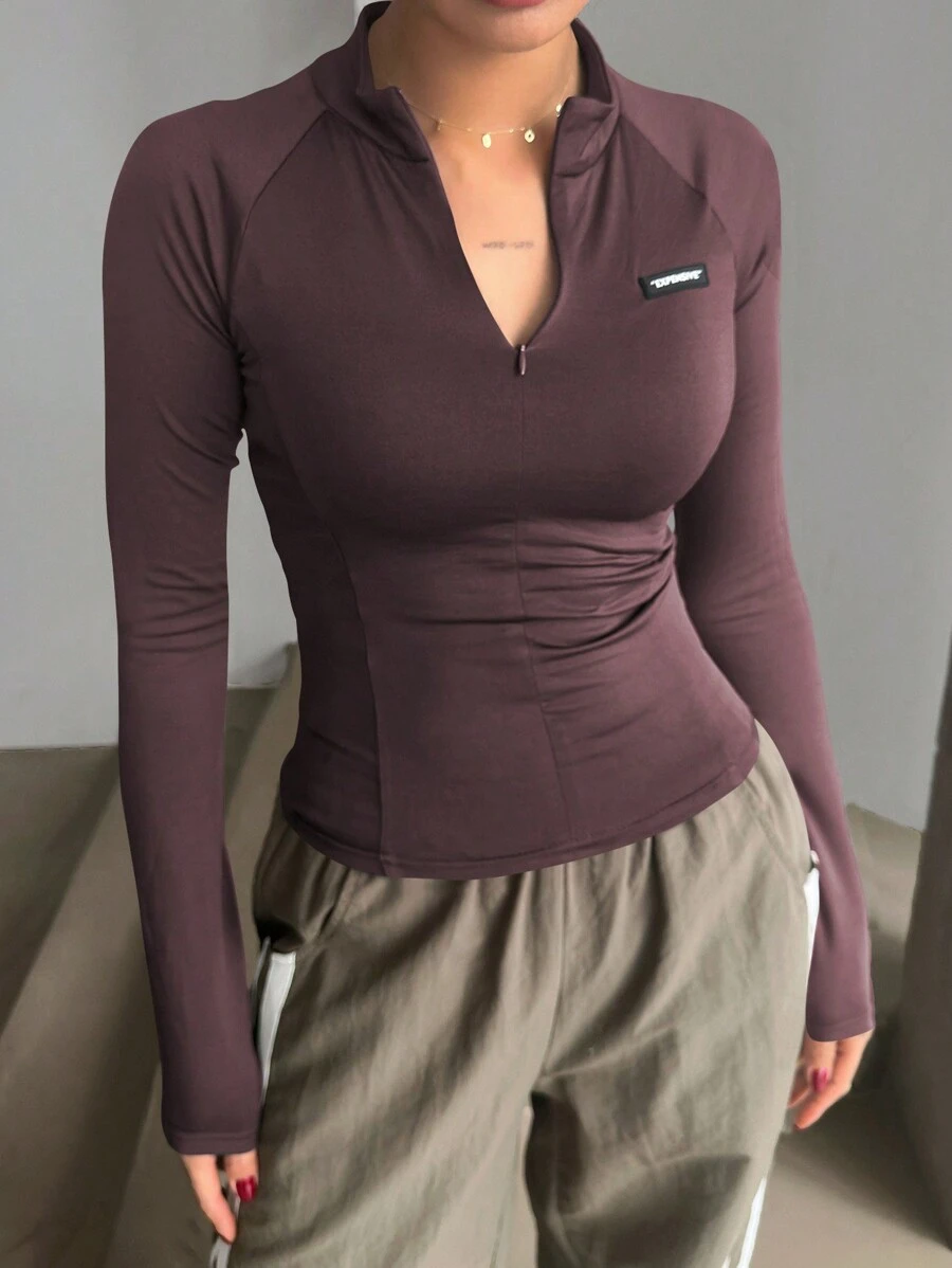 Semi-High Collar Semi-Letter Pattern Silicone Adhesive Skinny Long Sleeve Women T-Shirt,Fall Women Clothes - Dusty Purple - View 1