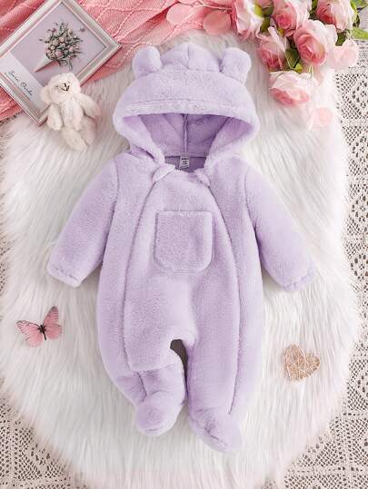 SHEIN Newborn Baby Girls Fleece Hooded Pajama Jumpsuit With Adorable Ear Pockets, Soft & Cozy, Pink