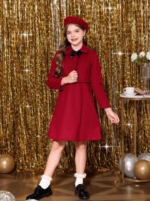 SHEIN 2 件 Tween 女童秋冬连帽针织连衣裙和长袖夹克套装