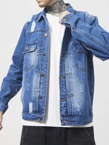 Manfinity EMRG Men's Casual Ripped Denim Jacket For Spring & Autumn - Blue - View 3