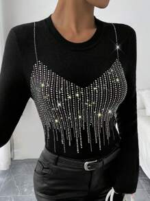 Chiquease 針織圓領休閒親膚鑽石女士毛衣