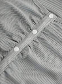 SHEIN Teen Girls Plain Knitted Ribbed Decorative Button Crew Neck Ruched Long Sleeve Casual T-Shirt - Grey - View 3