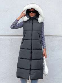 EURMUSE Sleeveless Hooded Padded Coat With Fur Collar - Dark Grey - View 1