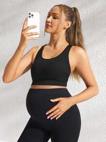 SHEIN Pregnant Women Simple Solid Round Neck Sleeveless Sport Tank Top, Casual Daily Wear, For Maternity - Black - View 3