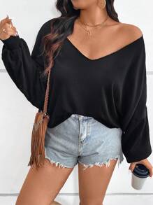 SHEIN VCAY Plus Size V-Neck Long Sleeve Cropped Sweatshirt - Black - View 2
