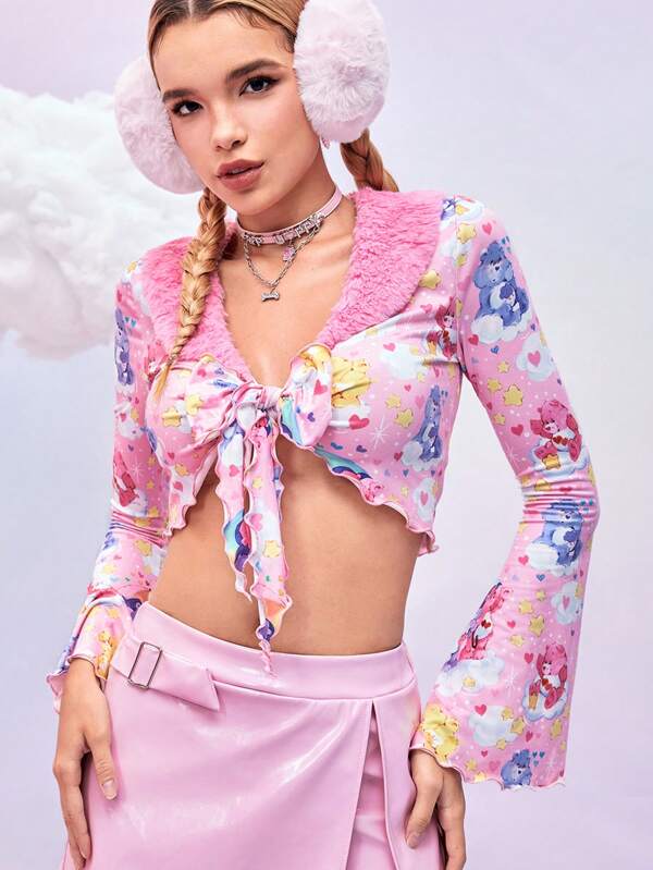 SHEIN X Care Bears Damen Crop Top mit Allover Muster, Knoten Vorderseite und Rüschensaum an den Ärmeln