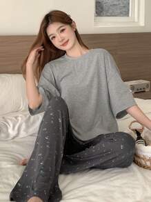 DAZY 简约宽松纯色上衣和碎花裤 2 件套睡衣套装