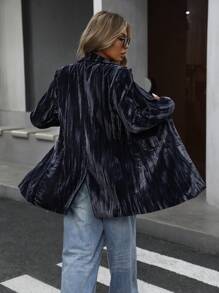 Aveloria Modichic Women's Regular Long Velvet Pleated Mid-Length Coat, Solid Color - Dark Grey - View 7