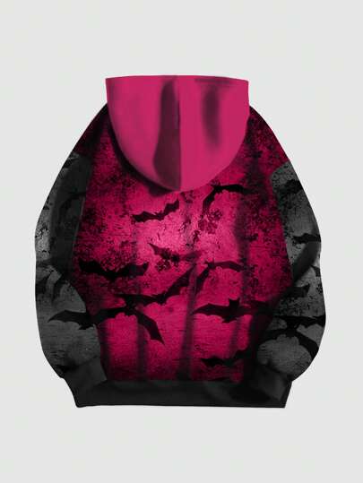Men's Casual Color Block Bat Print Drawstring Hooded Fleece Sweatshirt, Autumn Winter