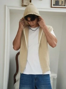 Manfinity EZcore Men's Solid Color Zip Front Casual Loose Hooded Sweater Vest, Autumn/Winter - Apricot - View 5