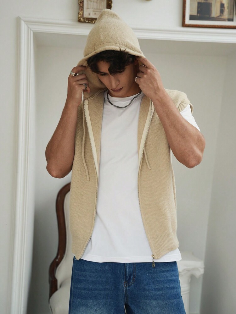 Manfinity EZcore Men's Solid Color Zip Front Casual Loose Hooded Sweater Vest, Autumn/Winter - Apricot - View 5