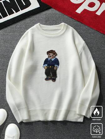 Manfinity Hypemode Men's Cartoon Bear Pattern Round Neck Long Sleeve Loose Casual Sweater, Autumn/Winter